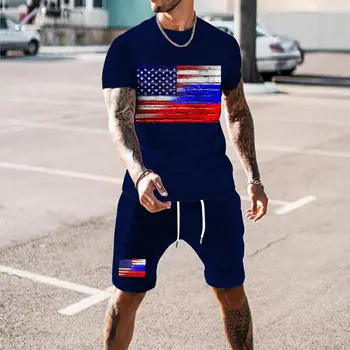 Мужской Летний модный комплект одежды с коротким рукавом + шорты, негабаритный ретро-наряд с рисунком американского флага, Дышащая спортивная одежда для бега трусцой