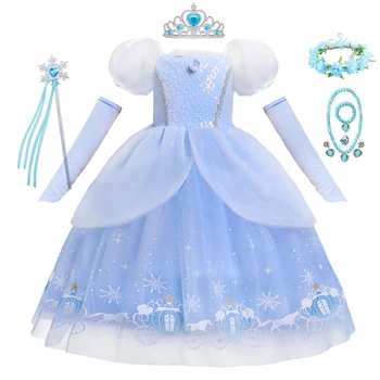 Платье Принцессы Золушки для девочек, детское бальное платье, Карнавальная пачка с блестками, Пышная сетчатая одежда для подарка на День рождения, летнее платье